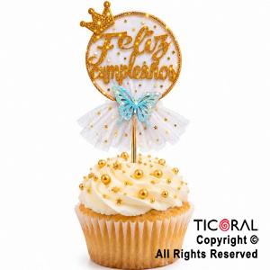 CAKE TOPPER FELIZ CUMPLEA�OS CIRCULO ORO CON TUL BLANCO